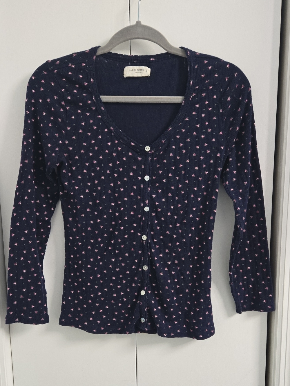 Lucky Brand Navy Blue V-Neck Button-Up with Floral Dot Print